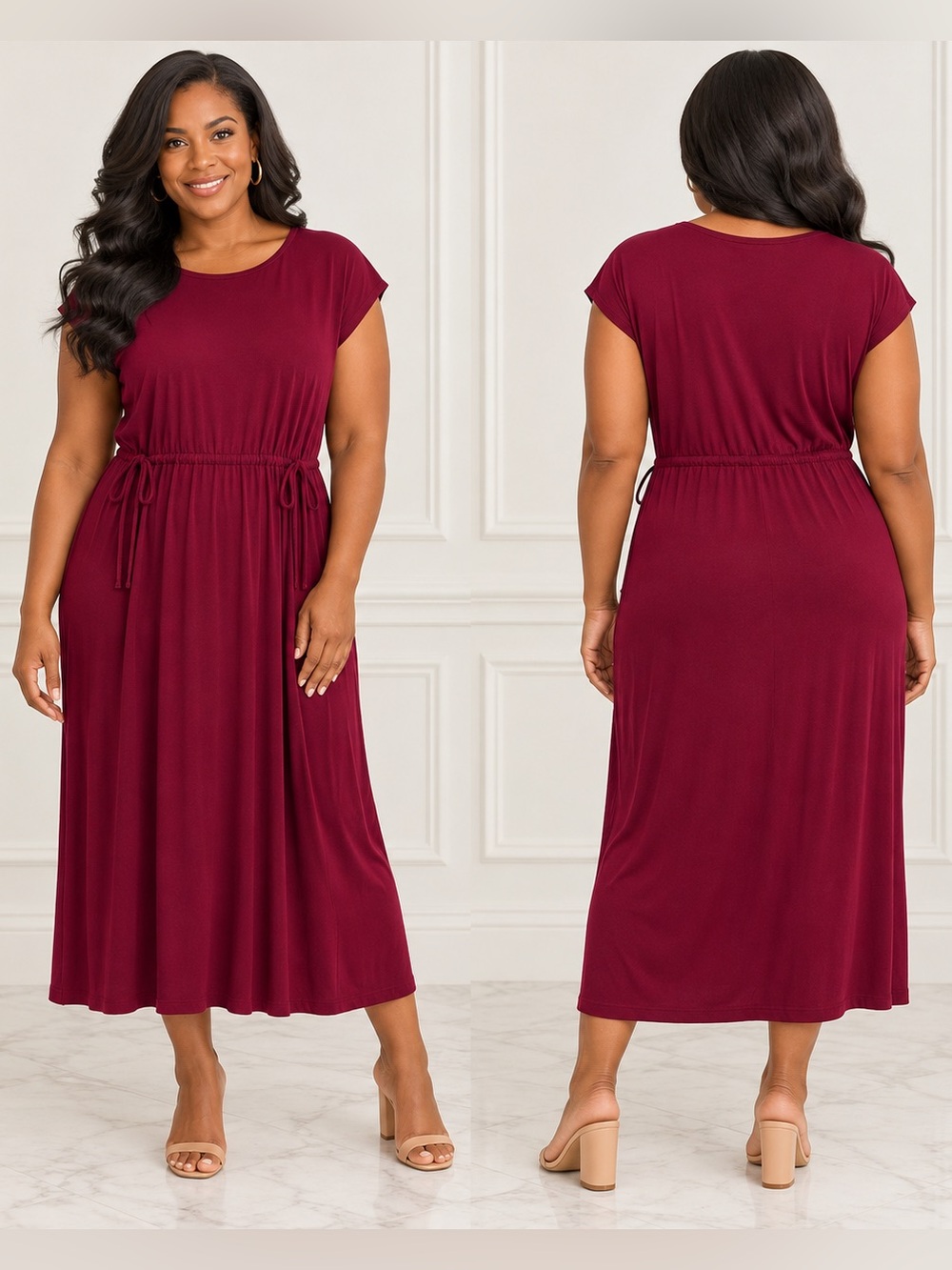 Eileen Fisher Burgundy Tencel Jersey Drawstring Waist Midi Dress L